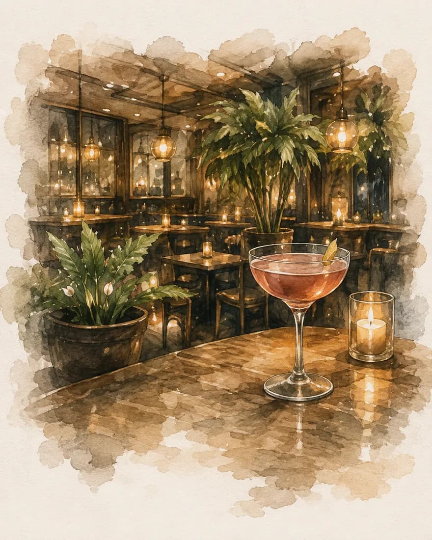 Watercolour of a leafy candle-lit bar interior with an amber cocktail