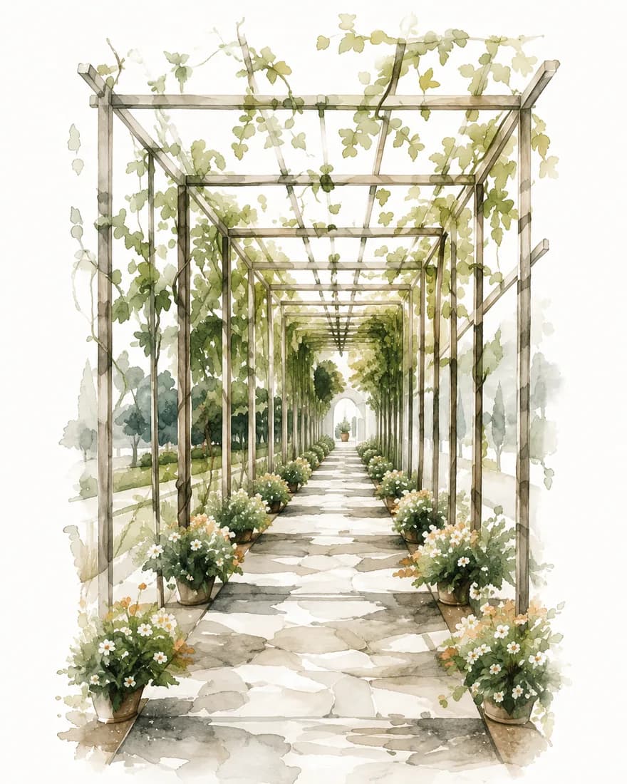 Watercolour of a garden walkway under leafy arches