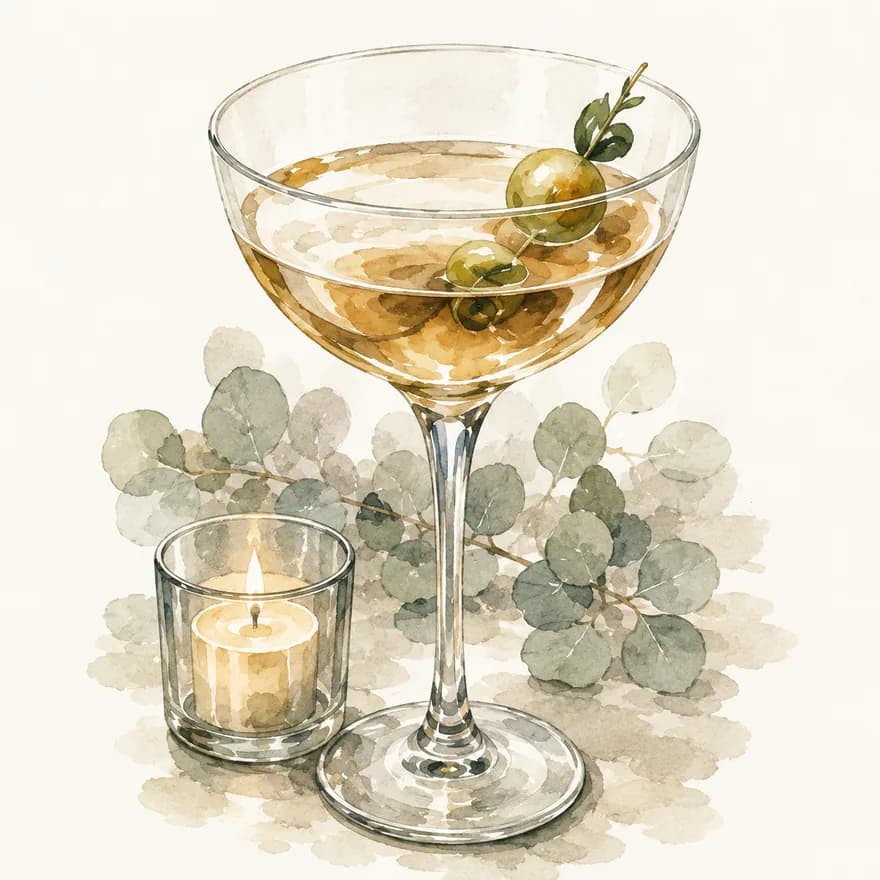 Watercolour of a coupe cocktail garnished with olives beside a candle and eucalyptus