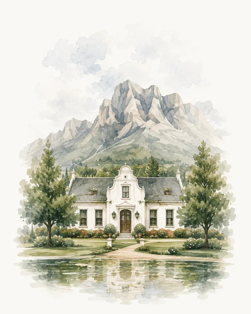 Watercolour of a white manor house reflected in a pond with mountains behind