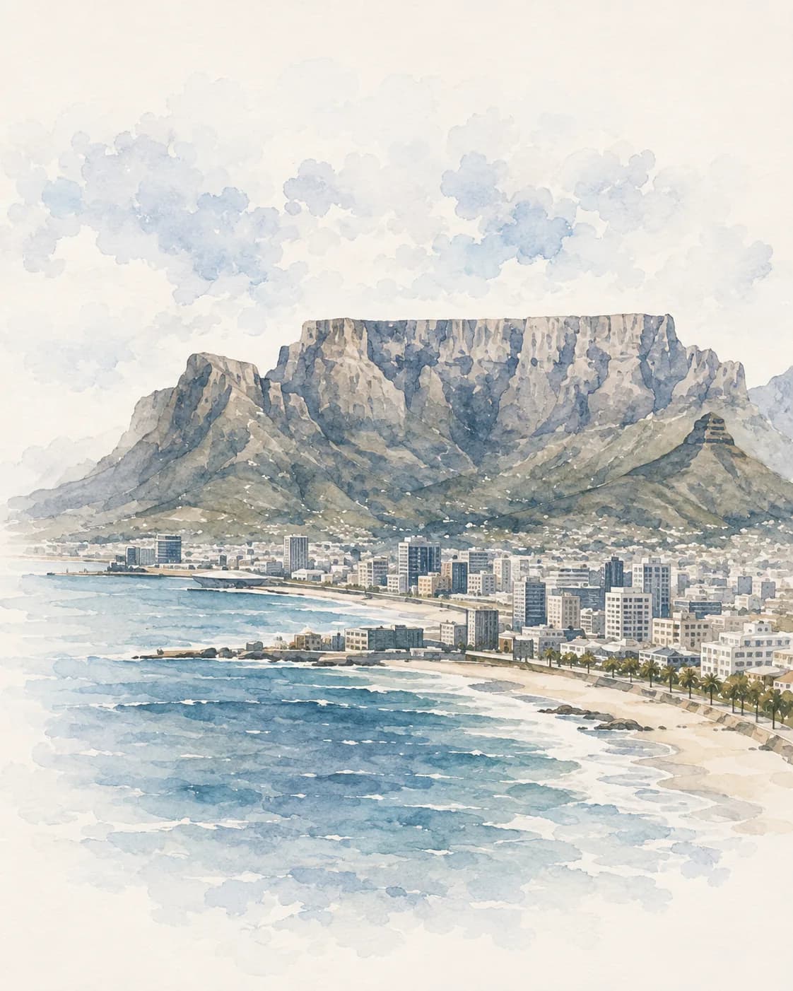 Watercolour of Table Mountain rising over the Cape Town city bowl and coastline