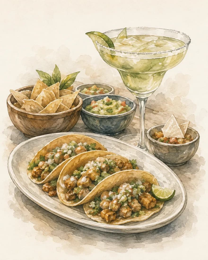 Watercolour of tacos, salsa bowls and a margarita