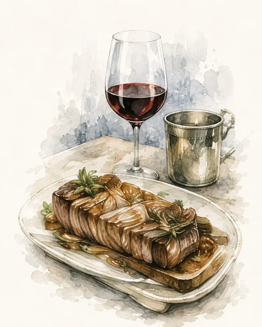 Watercolour of a sliced steak on a platter with a glass of red wine and a candle