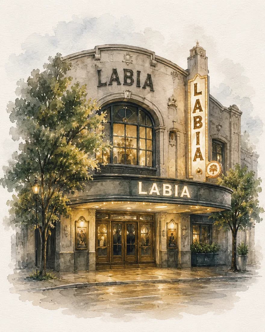 Watercolour of the art-deco Labia Theatre facade lit up at dusk