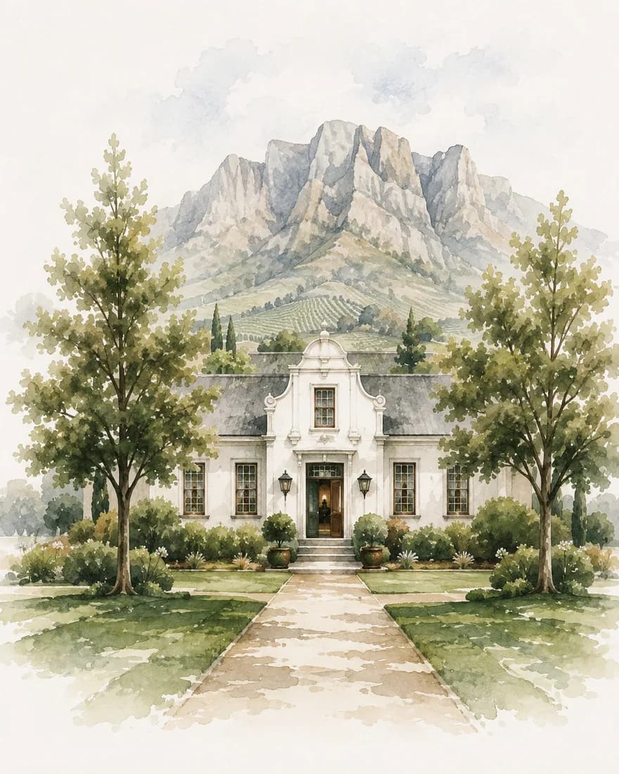 Watercolour of a Cape Dutch estate flanked by tall trees and mountains