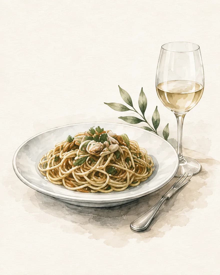 Watercolour of a plate of pasta with a glass of white wine