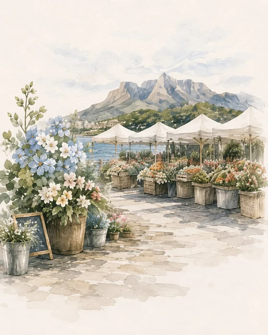 Watercolour of a flower-filled market with white stalls, the harbour and Table Mountain behind