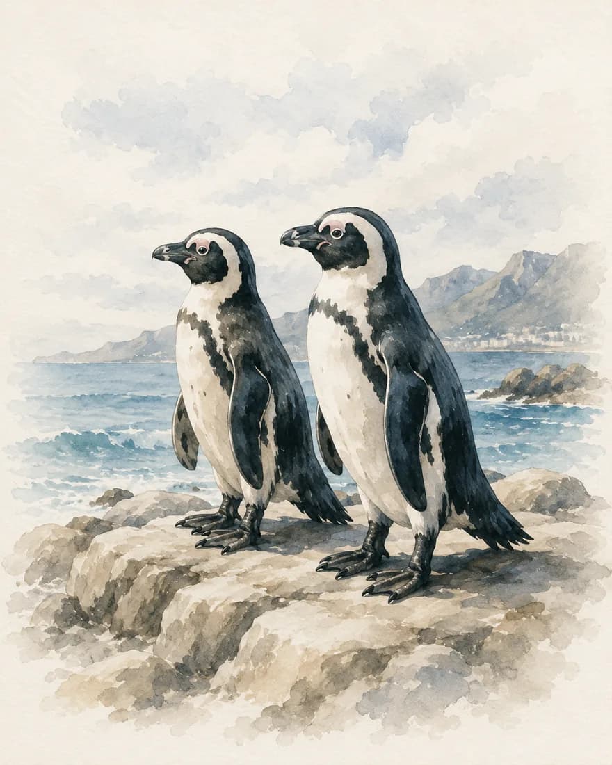 Watercolour of two African penguins on a rock by the sea
