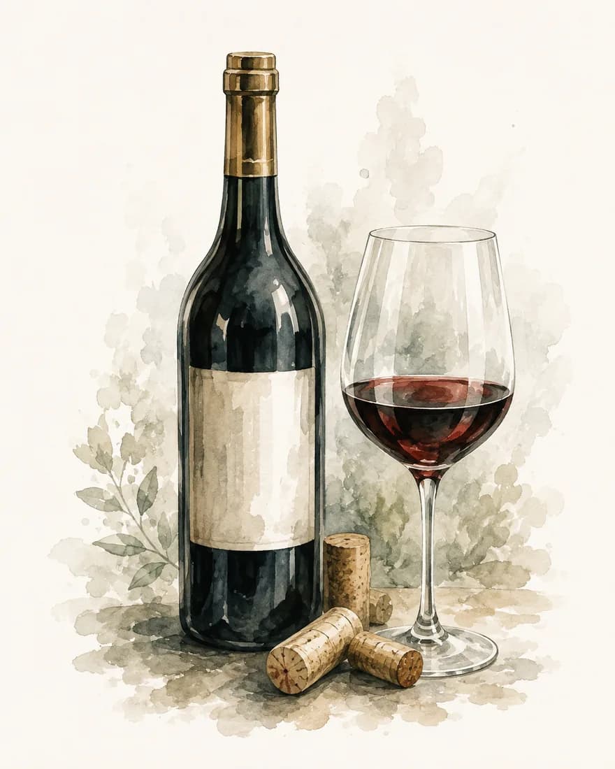 Watercolour of a bottle of red wine with a full glass and cork