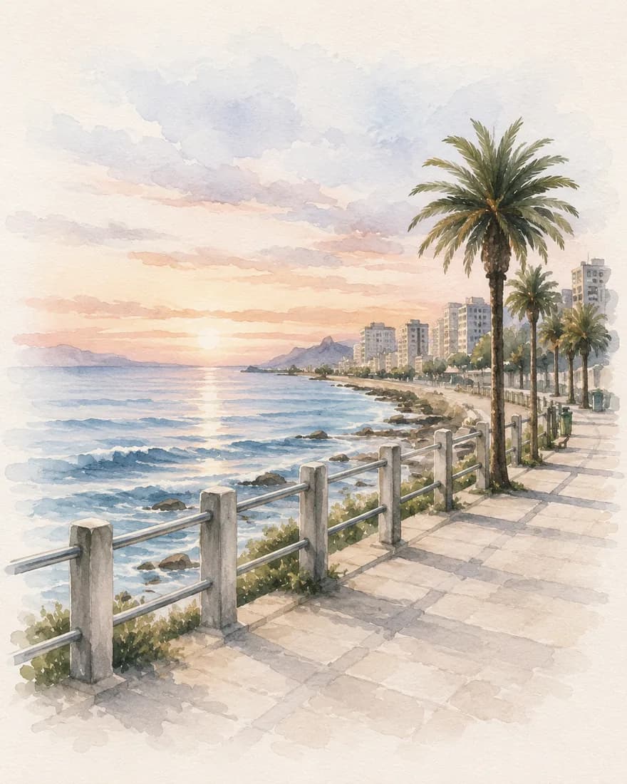 Watercolour of a palm-lined seaside promenade at sunset