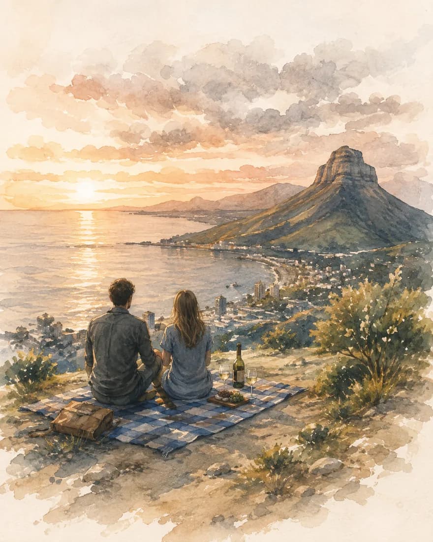 Watercolour of a couple on a picnic blanket watching the sunset over the sea