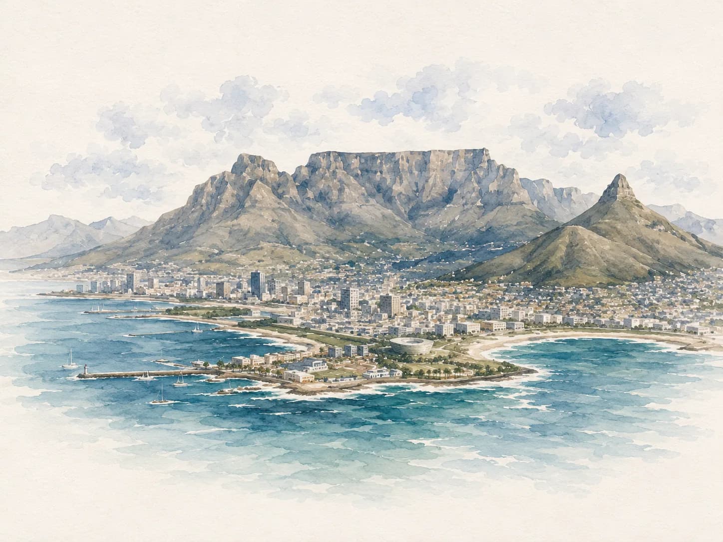 Watercolour of Table Mountain and Lion’s Head above the Cape Town city bowl, harbour and bay