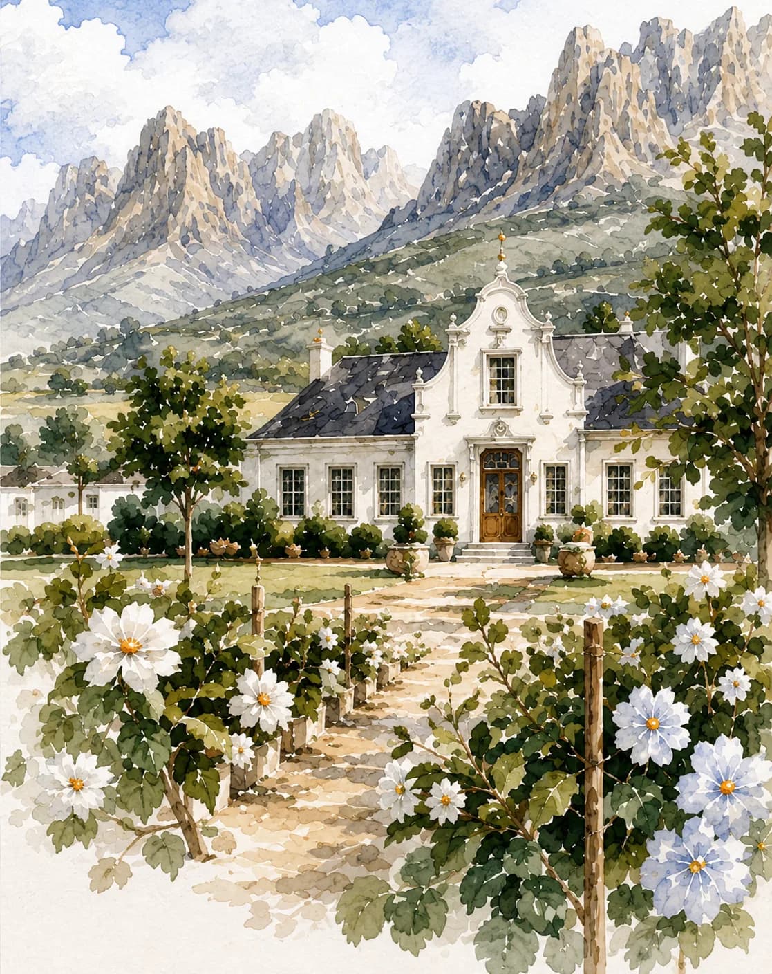 Watercolour of a Cape Dutch manor house behind a flowering vineyard, with jagged mountains rising behind
