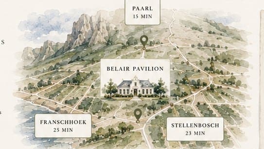Illustrated map of the Winelands showing Belair Pavilion with drive times to Paarl, Franschhoek and Stellenbosch