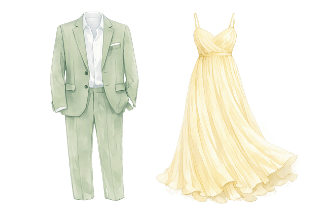 Watercolour illustration of a sage tailored suit and a butter-yellow floor-length gown